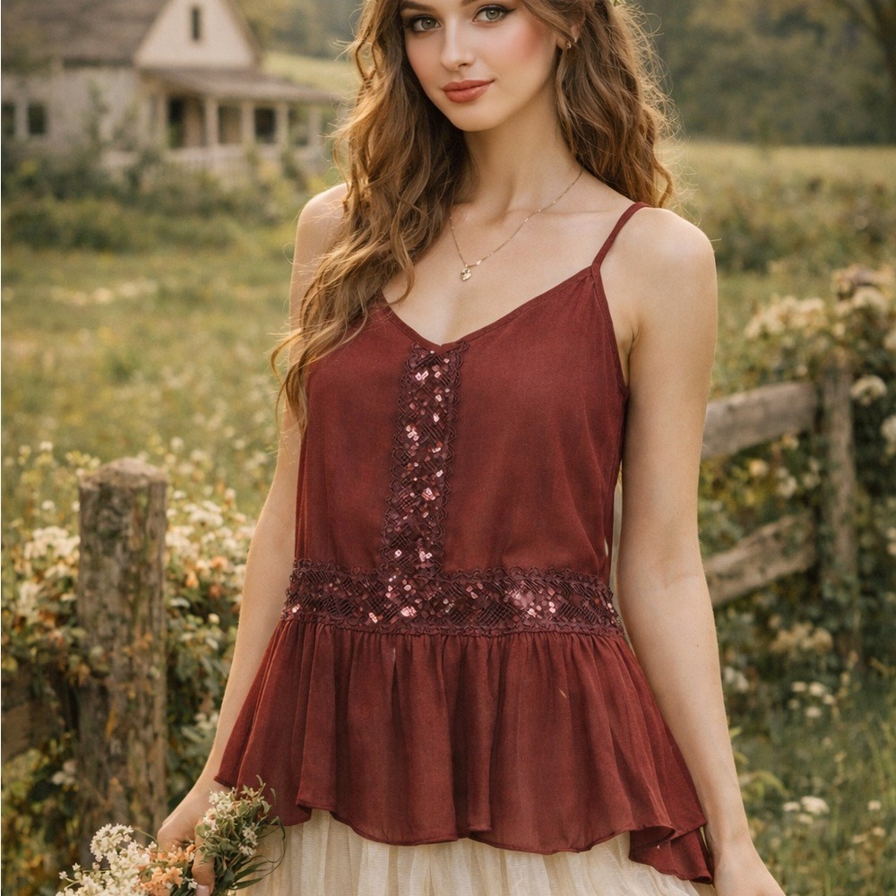 LC Lauren Conrad‎ Burgundy Lace Sequin Peplum Camisole Top M RenFair Forest